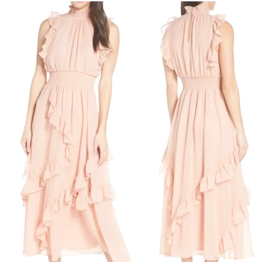 Avec Les Filles Pink Ruffled Smocked Sleeveless Maxi Dress Size 4